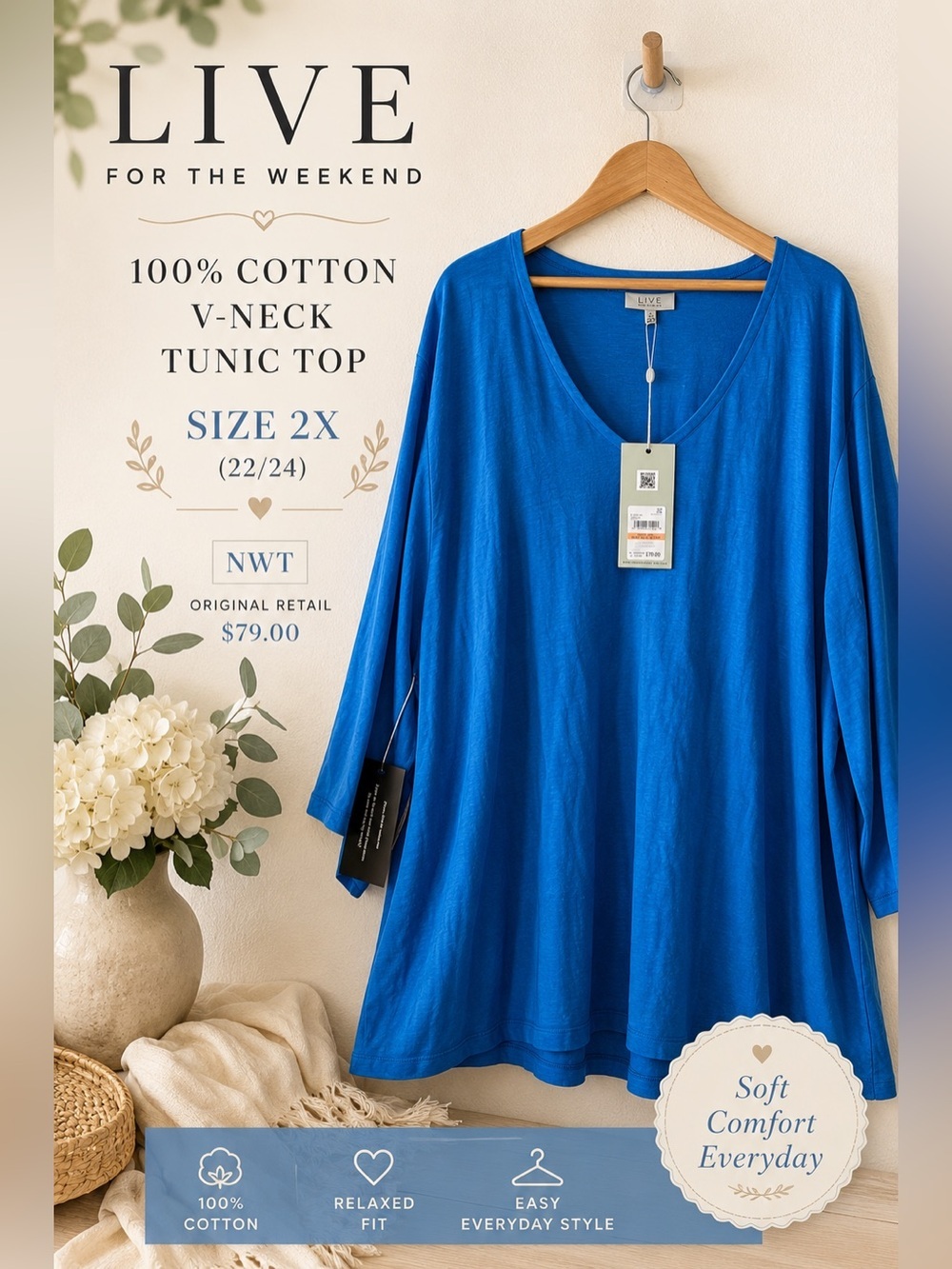 LIVE For The Weekend 100% Cotton V-Neck Tunic Top Blue Size 2X NWT